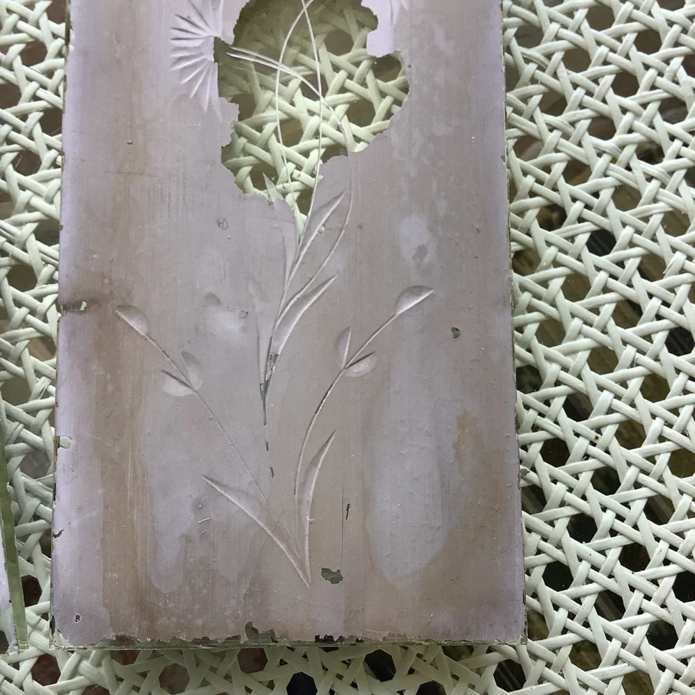 Antique Architectural Salvage Floral Decorative Etched Glass Mirror Side Lights